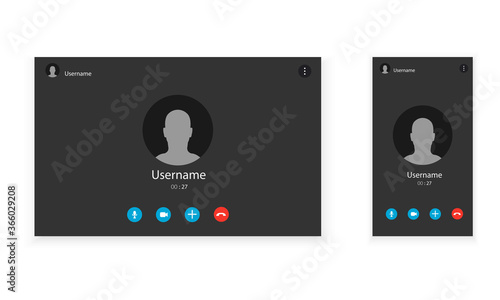 Two video call screens. Set of computer and mobile screens. Application for communication via internet. Vector minimalistic illustration.