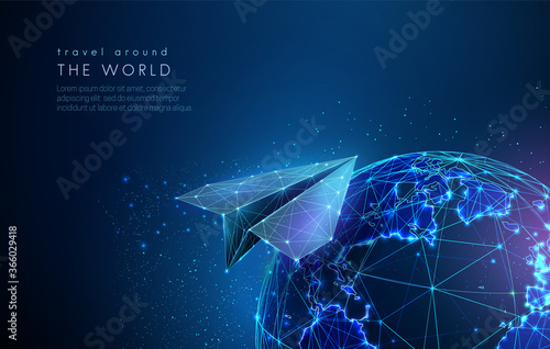 Abstract earth globe with digital paper airplane.
