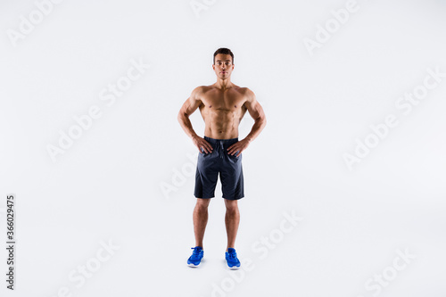 Full length body size view of his he nice attractive serious content sportive tanned tall guy ripped shape figure professional fighter competitor posing isolated on light white pastel color background