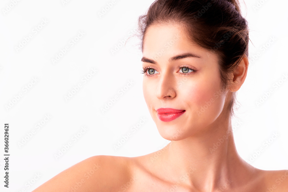 Beautiful woman wearing red lipstick while standing at isolated white background