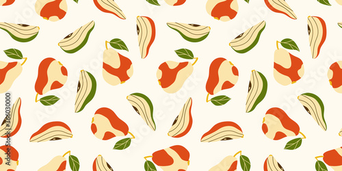 Beige-red pears with green leaves. Wholes and pieces. Bright color illustration with fruits. Seamless pattern for design, printed products, textiles. Autumn and summer motives.