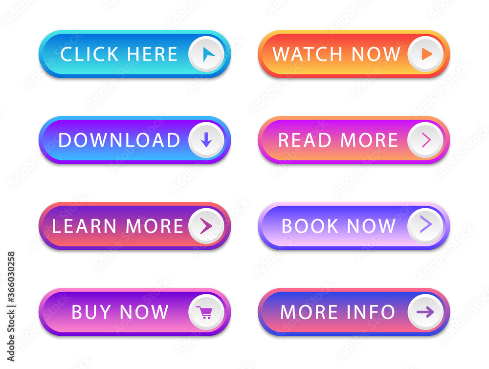 Сollection vibrant gradient buttons. Set of modern buttons for web site and ui. Vector illustration Сollection vibrant gradient buttons. Set of modern buttons for web site and ui. Vector illustration