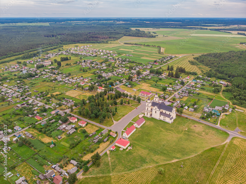 The view of Catholic church in Budslav, Belarus. Drone aerial photo The view of Catholic church in Budslav, Belarus. Drone aerial photo