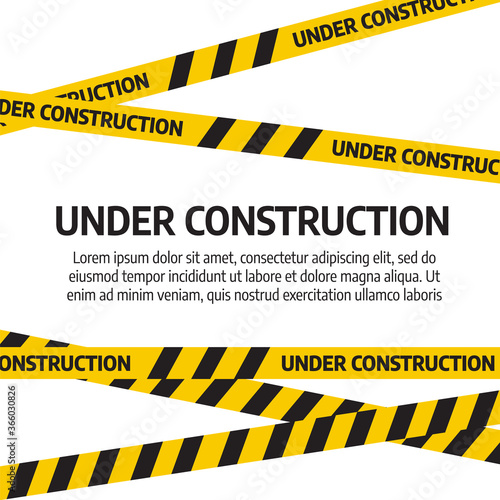 Under construction website page. Under construction tape warning banner vector