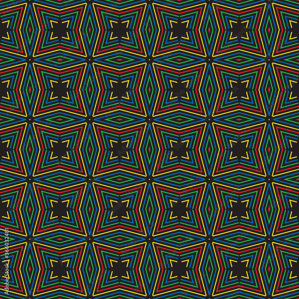 Vector seamless pattern texture background with geometric shapes, colored in black, yellow, blue, green, red colors.