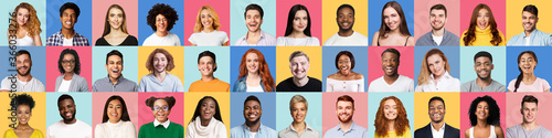 Collage Of Cheerful Mixed Millennials Portraits On Colorful Backgrounds, Panorama