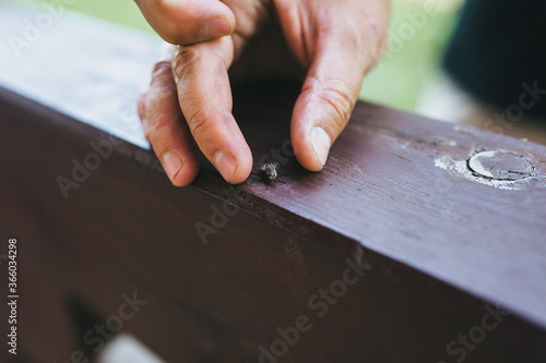 A man tries to catch a small black fly that is sitting. Killing an insect.