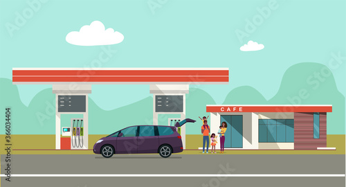 Gas station on the background of the countryside landscape and a car with african family. Vector flat style illustration.