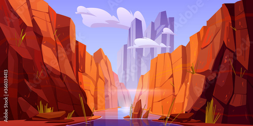 Grand Canyon with river on bottom, national park of Arizona state on Colorado stream. Red sandstone mountains, horizon with sand rocks and sky, nature landscape background, Cartoon vector illustration