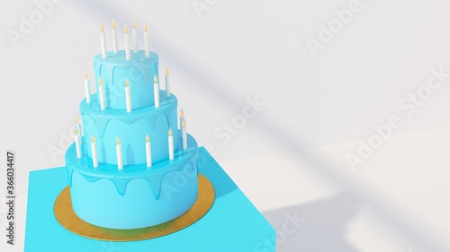 Birthday cake 3d illustration. Cartoon dessert. Tiered cake with candles. Anniversary party. Celebration background. Cute pastel colors.