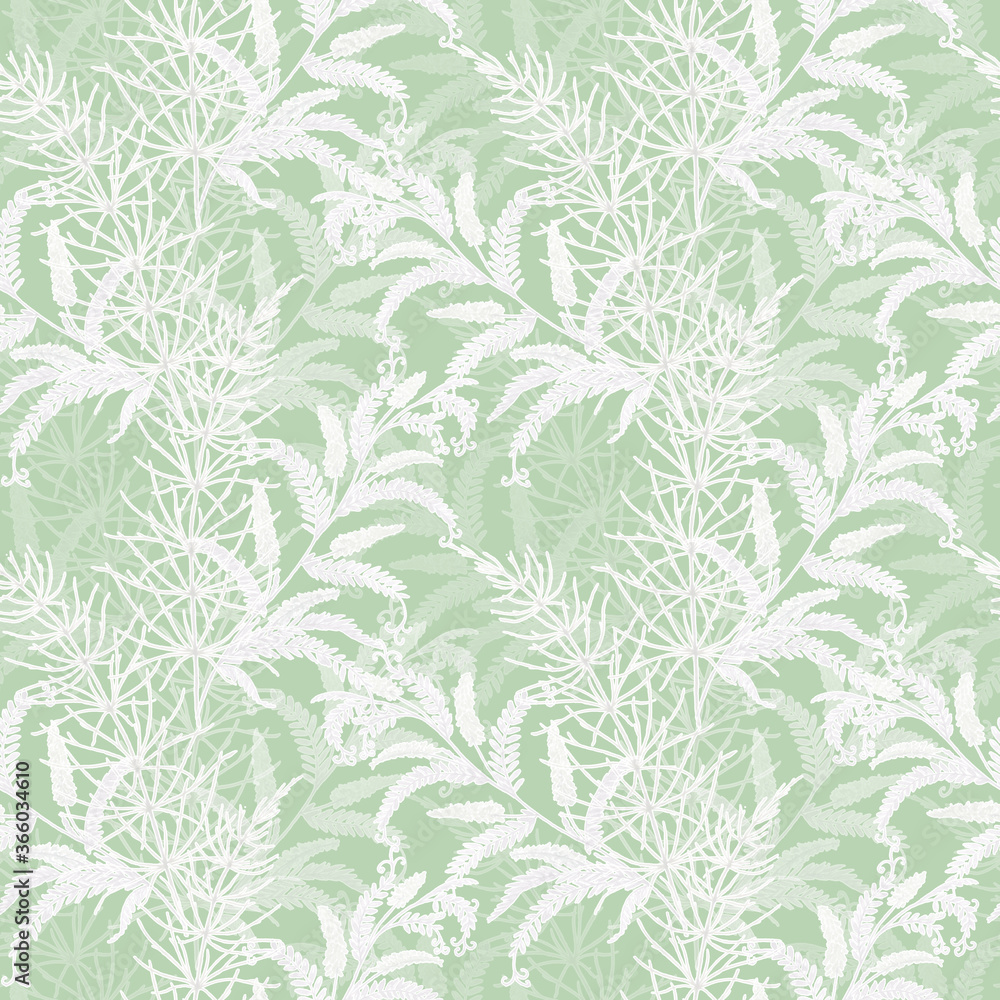 Seamless monochrome floral pattern. White flowers on a light green background. 