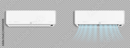 Air conditioner with cold wind waves, conditioning off and on regime for home and office, electronic modern appliance for controlling temperature and climate in room, realistic 3d vector illustration
