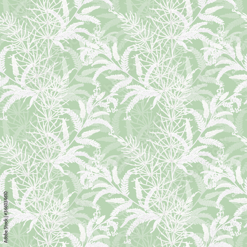 Seamless monochrome floral pattern. White flowers on a light green background. 