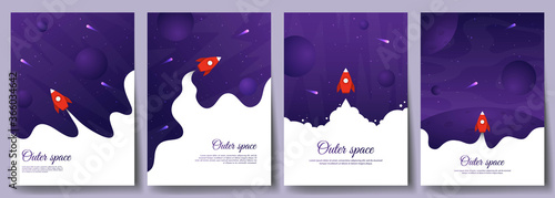 Vector illustration in abstract flat style. Minimalistic color space. Space exploration concept. A4 posters with copy space for text. Set of violet backgrounds. Creative dark wallpaper. Modern design