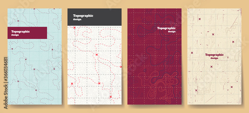Vector illustration. Topographic cover concept. Set of minimal design banner for print. Vintage color. Old fashion style. Retro poster graphic. Map with marks and trails. Line art pattern