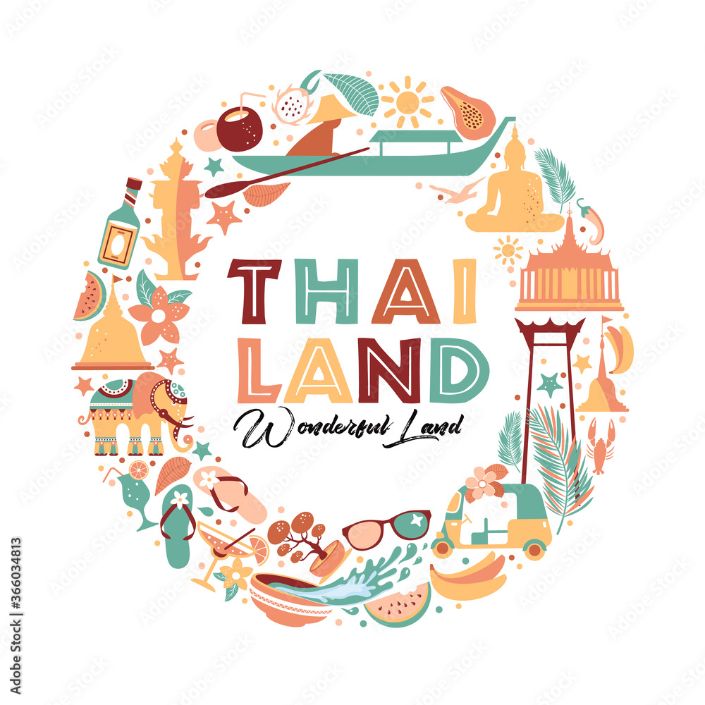 Collection of Thailand symbols in wreath. Vector poster. Postcard in trend color. Travel illustration. Web banner of travel in circle composition.