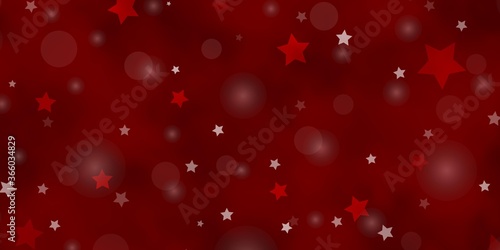 Dark Red vector backdrop with circles, stars. Colorful disks, stars on simple gradient background. Template for business cards, websites.