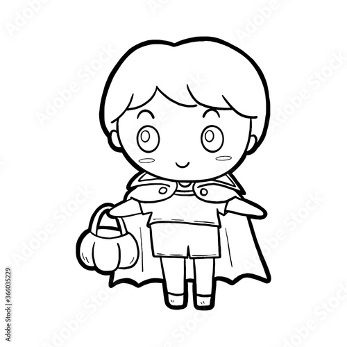 Halloween October festival holiday  cute boy fancy dracula with veil dress. Doodle decoration  black line hand drawn cartoon character for coloring and any design. Vector illustration of kid art.