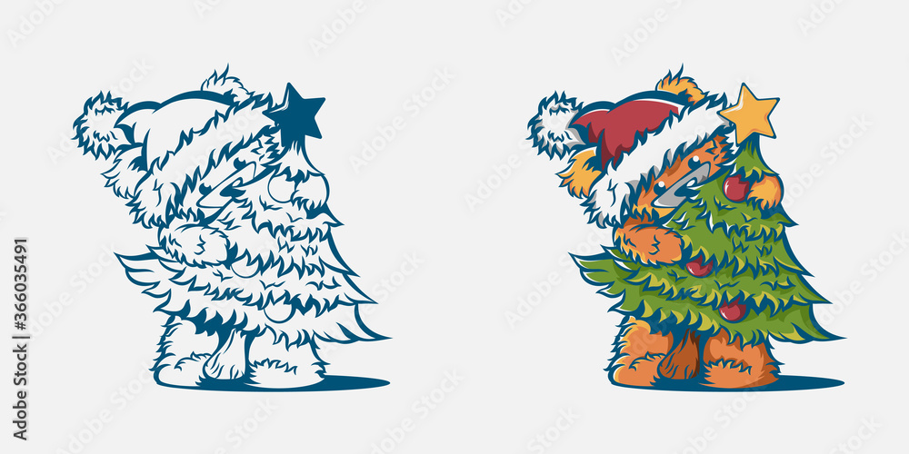 Cheerful bear with Christmas tree, colorful concept in vintage style isolated illustration.