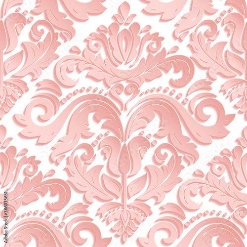 Seamless oriental ornament. Pink and white vector traditional oriental pattern with 3D elements  shadows and highlights