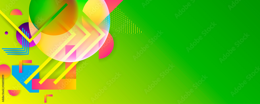 Bright juicy colors green yellow background with geometric elements, lines and dots for text, universal design, banner concept