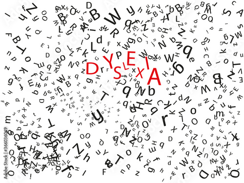 Dyslexia, flying alphabet, letters on white background. Concept for sad back to school with red text.
