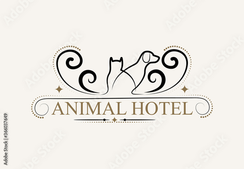Animal hotel vintage logo design template. Hotel and Indoor Pets Run. The Animal Lodge sign.