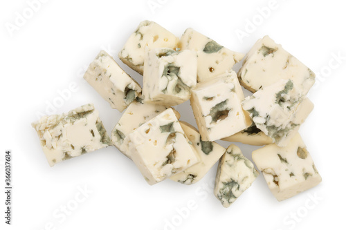 diced Blue cheese isolated on white background with clipping path and full depth of field. Top view. Flat lay.