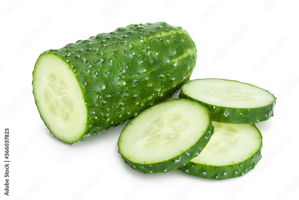 Sliced cucumber isolated on white background with clipping path and full depth of field, Sliced cucumber isolated on white background with clipping path and full depth of field,