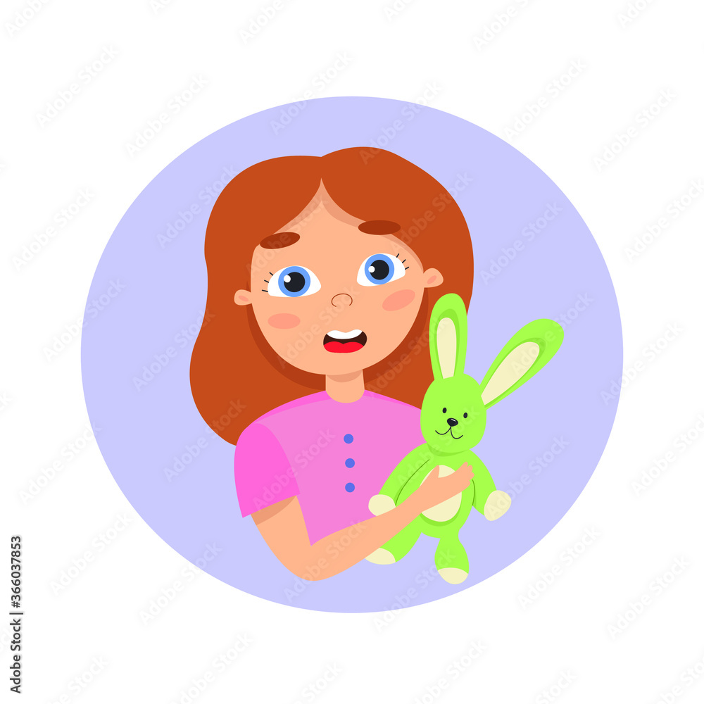Baby girl with her soft toy hare. Vector illustration, logo isolated on white background.