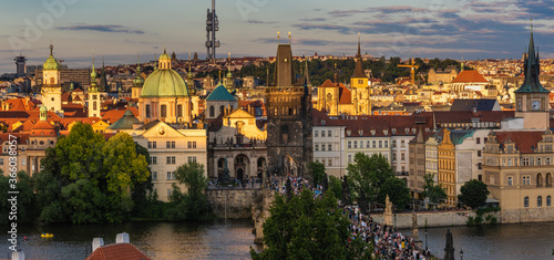 Panorama of Old Prague and the Charles Bridge during a beautiful sunset