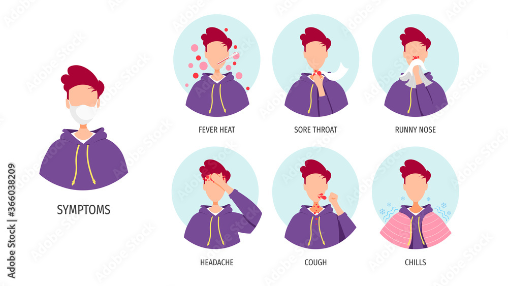 Man with symptoms of the disease. Coronavirus, Prevention, Epidemic, Medicine, Health care, Quarantine concept. Vector illustration for poster, banner, flyer, infographic. Man with symptoms of the disease. Coronavirus, Prevention, Epidemic, Medicine, Health care, Quarantine concept. Vector illustration for poster, banner, flyer, infographic.