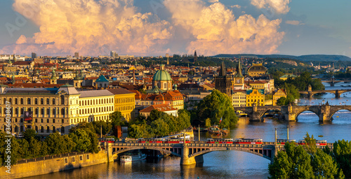 Photography Panorama of Old Prague and famous bridges during the evening storm