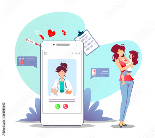 Patient and phone with doctor on the screen. Medical consultation, Online doctor, Tele medicine, Medicine clinic and health care concept. Isolated vector illustration for poster, banner, flyer.