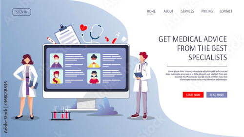 Doctors and computer with patients on the screen. Medical consultation, Online doctor, Tele medicine, Medicine clinic and health care concept. Vector illustration for poster, banner, website.