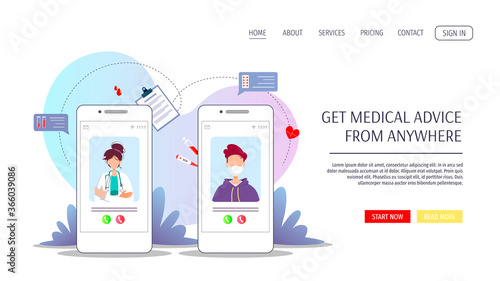 Phones with doctor and patient on the screens. Medical consultation, Online doctor, Tele medicine, Medicine clinic and health care concept. Vector illustration for poster, banner, website.