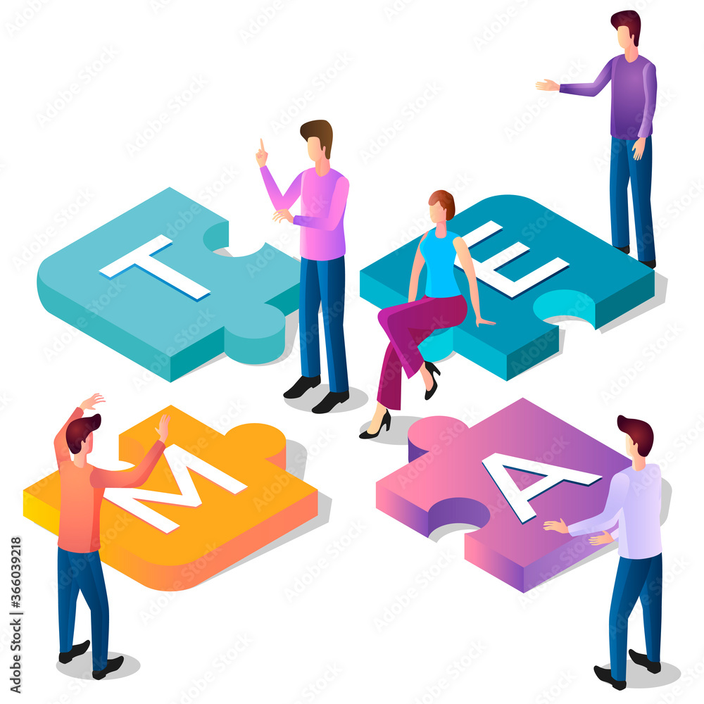 Team.Teamwork and brainstorming.People from puzzles put together the word team.The concept of working together and solving problems together.Isometric vector illustration. Team.Teamwork and brainstorming.People from puzzles put together the word team.The concept of working together and solving problems together.Isometric vector illustration.