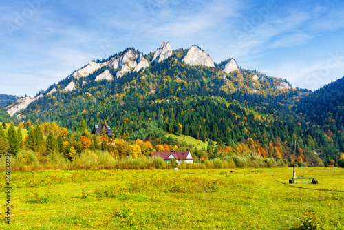 View of Trzy Korony (Three Crowns) peak in Pieniny National Park, Poland on a warm summer day. photo