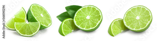 lime with half and leaf isolated on white background. Set or collection