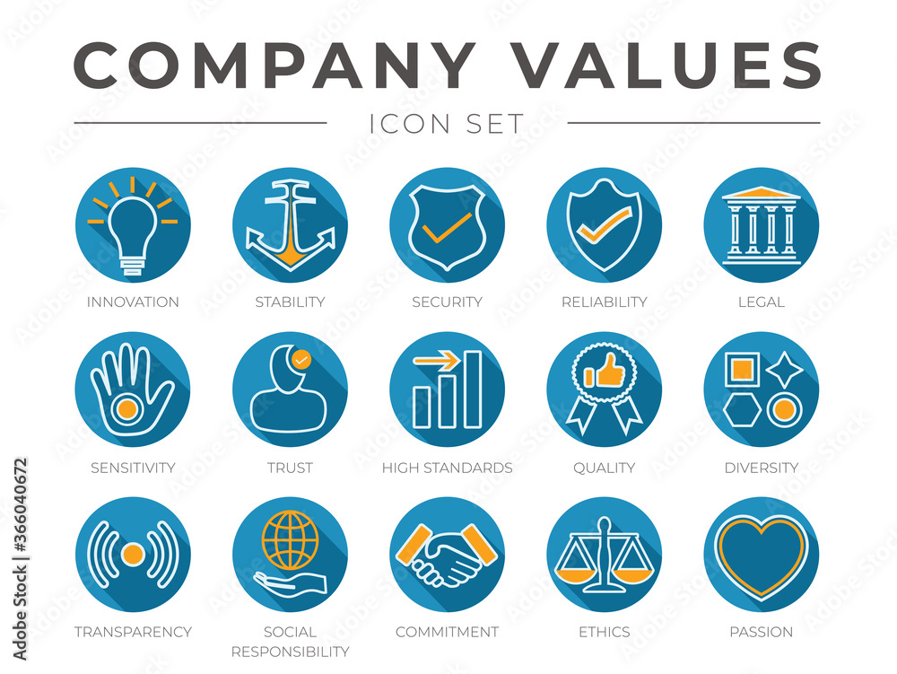 Flat Colorful Outline Company Core Values Icon Set. Innovation, Stability, Security, Reliability, Trust, High Standard, Quality, Transparency, Social Responsibility, Commitment, Ethics Passion Icons.