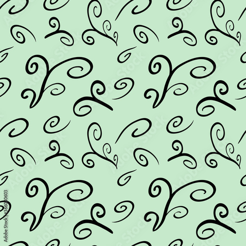 Seamless Repeat Pattern of swirls black on green background. Background, abstract, wallpaper, surface pattern.