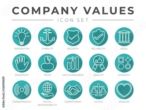 Flat Outline Company Core Values Icon Set Isolated. Innovation, Security, Reliability, Transparency, Social Responsibility, Commitment, Ethics, Passion Icons.