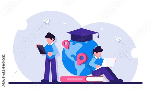 Concept of global education. Boy standing in front of books and globe with cap. Study abroad, international student exchange program. Modern flat illustration.