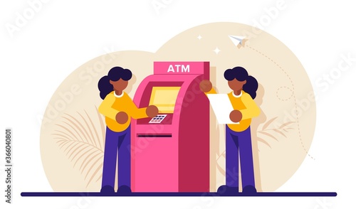 Concept of automated teller machine. Woman use ATM. Financial transaction, banking services, cash withdrawal, bank deposit access. Modern flat illustration.