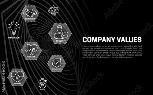 Company Values Banner Black Background with Icons