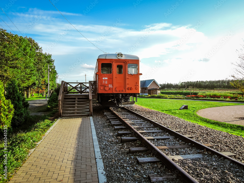 Obraz premium 幸福駅（旧国鉄広尾線）の保存車両（キハ22形気動車とモーターカー）