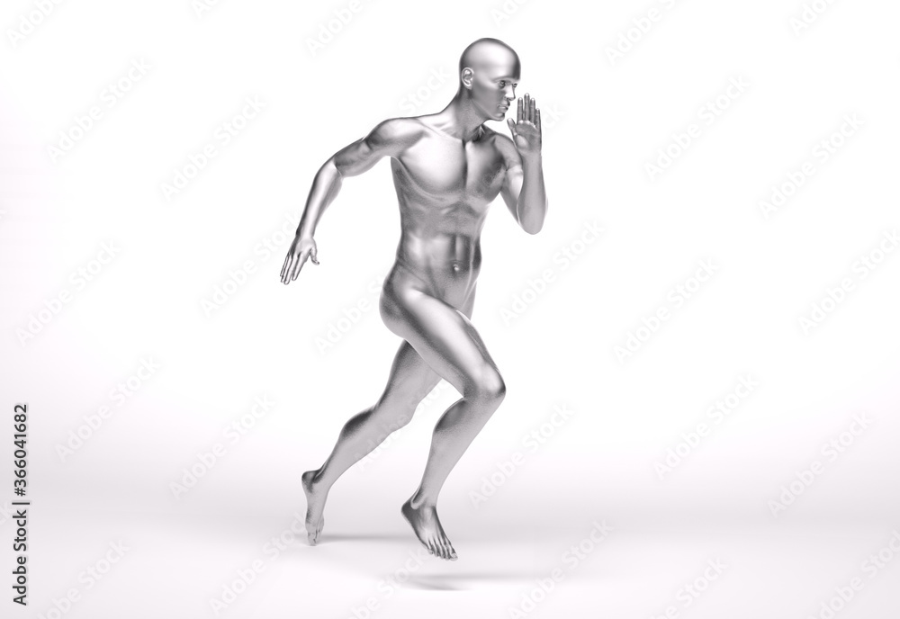 3D Rendering : a running male character with silver texture on the body