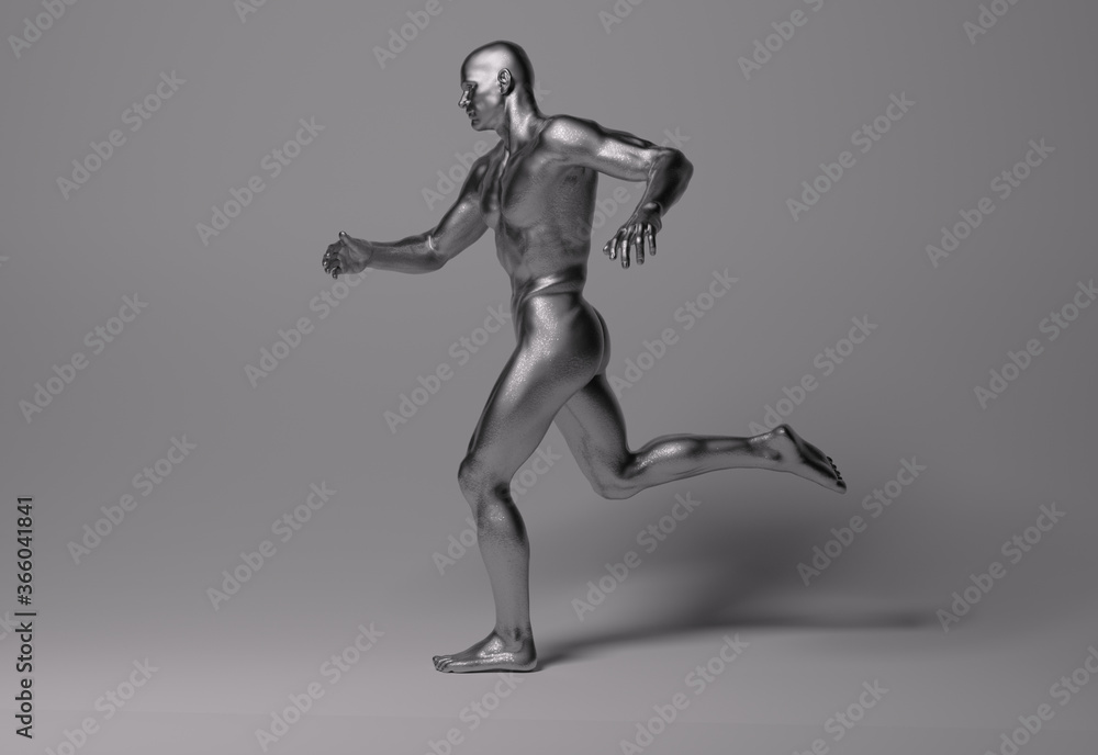 3D Rendering : a running male character with silver texture on the body 3D Rendering : a running male character with silver texture on the body