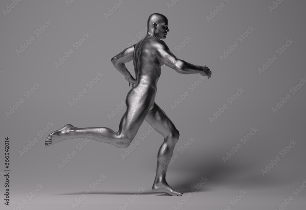3D Rendering : a running male character with silver texture on the body 3D Rendering : a running male character with silver texture on the body