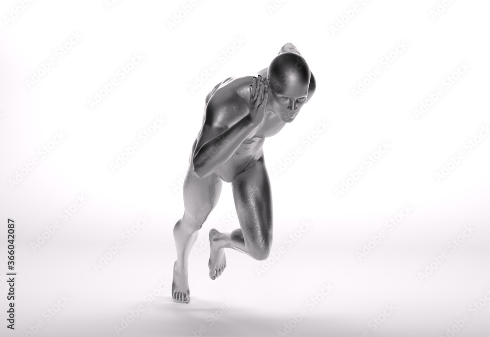 3D Rendering : a running male character with silver texture on the body 3D Rendering : a running male character with silver texture on the body